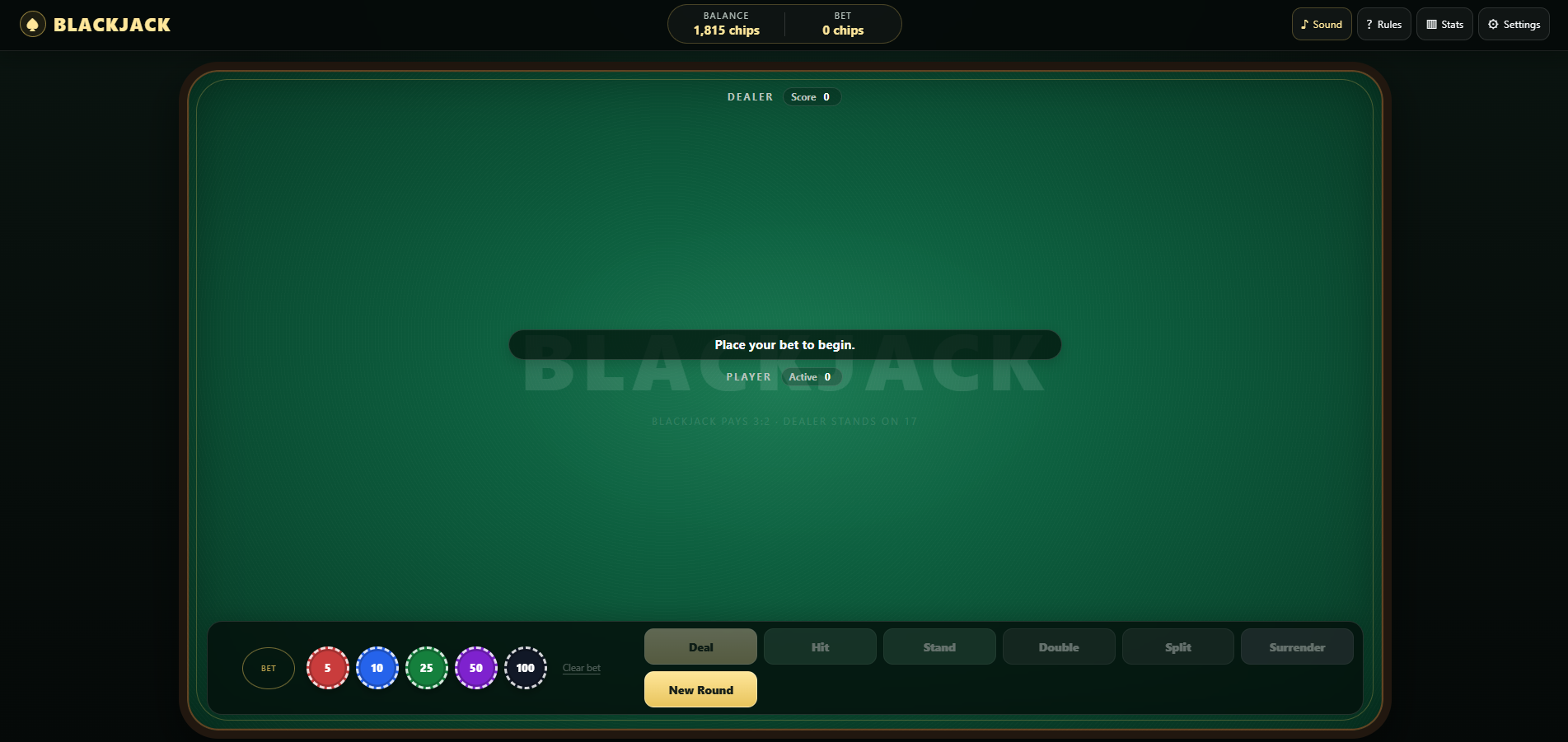 Blackjack Game prototype - canvas scene
